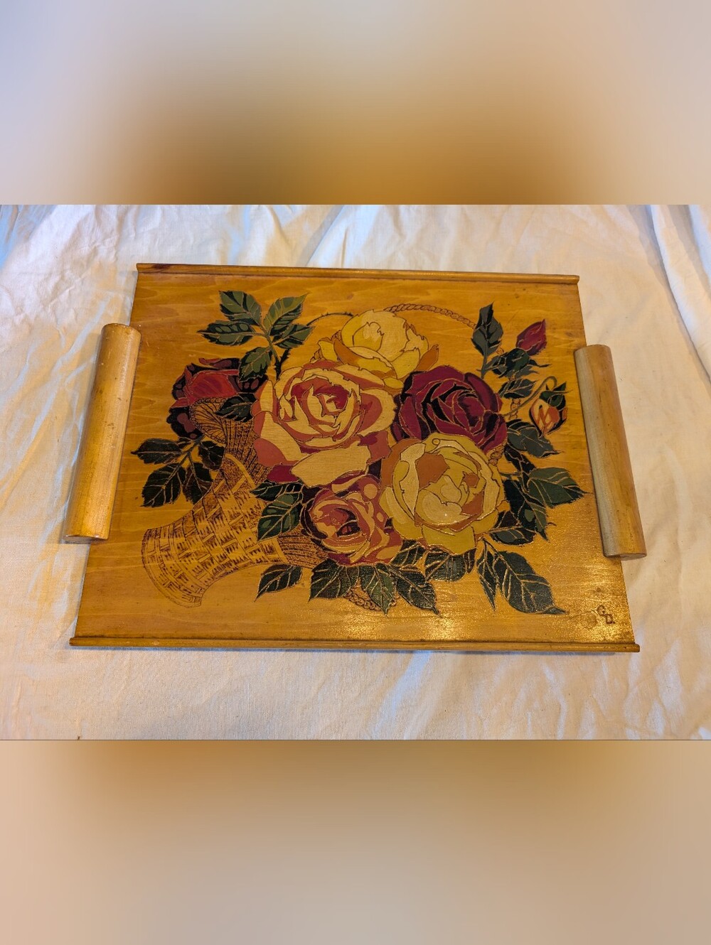 2/60$ Vintage Wooden Floral Tray with Yellow and Red Roses